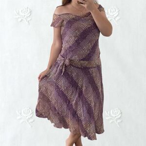 Early 2000's Purple Tan Drop Waist Frilly Cinched Off Shoulder Midi Mesh Dress L